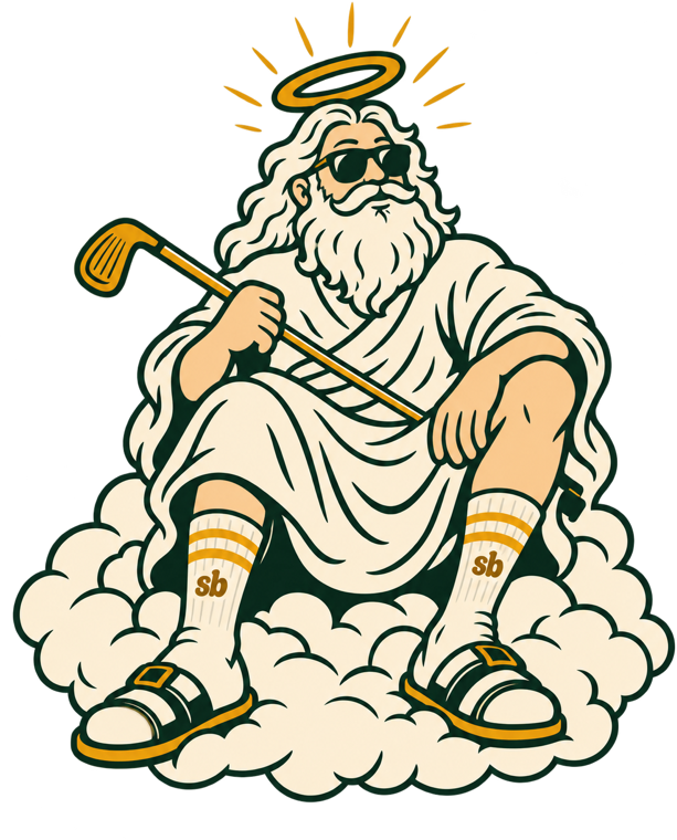 The Sunday Best mascot, a bearded god in sunglasses sitting on a cloud with a golf club, wearing Sunday Best socks.